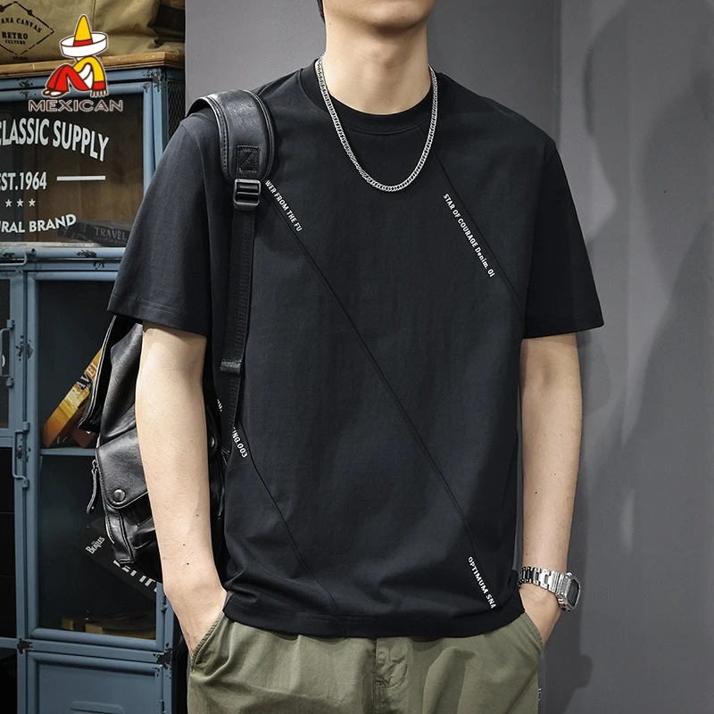 Mexican/稻草人纯棉男士t恤短袖夏季新款宽松设计感百搭休闲T恤衫