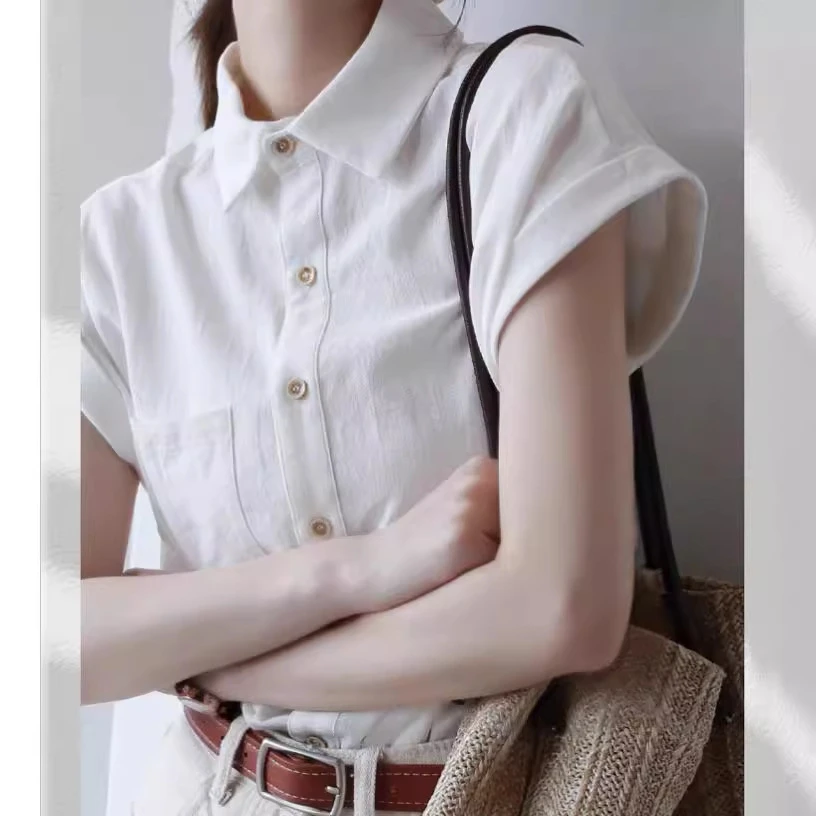 简约牛耳袖设计感2025早春季新款短袖透气舒适白色衬衫女上衣