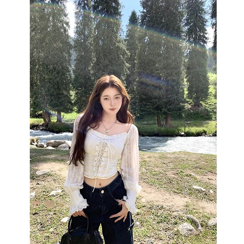 【清套装70193】女法式气质露肩系带设计感长袖衬衫高腰宽松牛仔裤