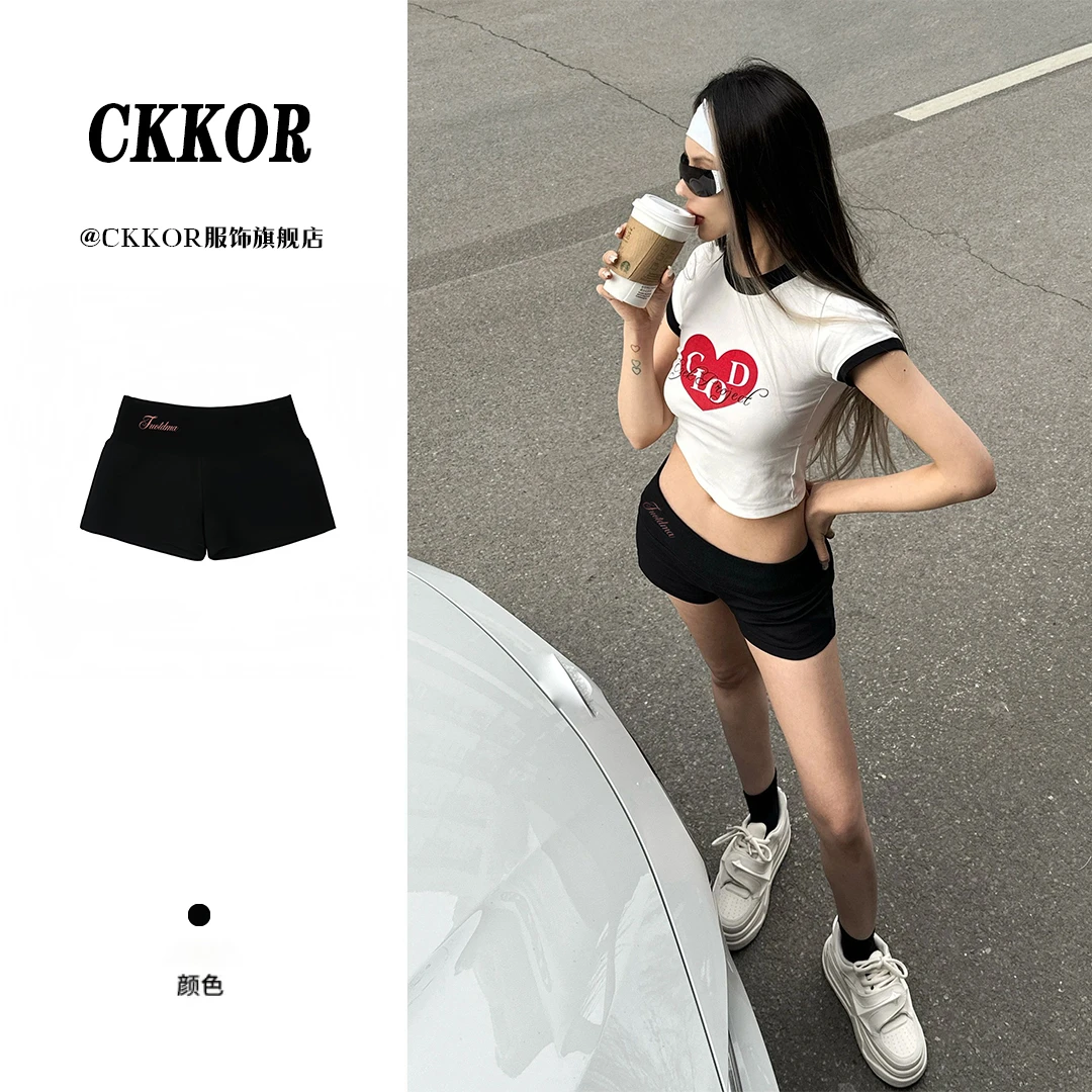 CKKOR美式短裤女夏季辣妹黑色显瘦弹力紧身打底裤设计感运动裤子