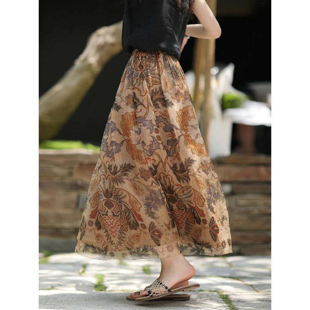 麻霖原创设计夏新品5.5姆米桑蚕丝加密欧根纱印花松紧腰飘逸半裙