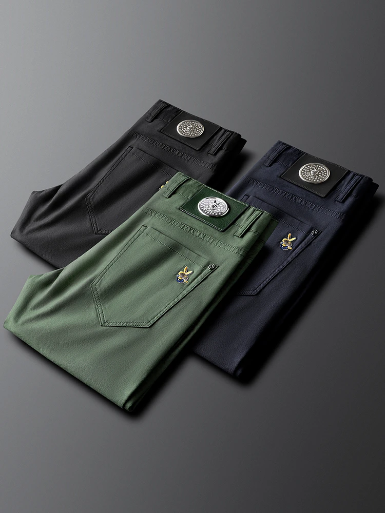 夏季薄款休闲裤男轻奢绿色修身刺绣棉质柔软商务裤男士小直筒裤潮