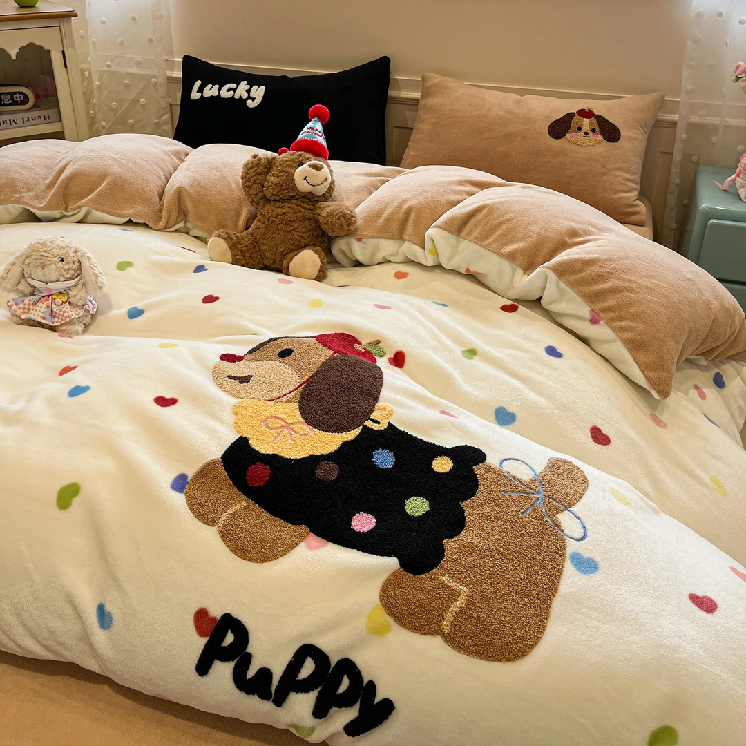 珊瑚绒可爱毛巾绣床单四件套儿童双面牛奶绒床上用品加厚被套床笠