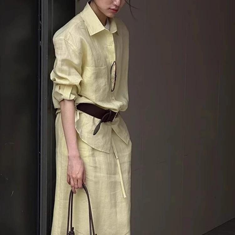 简约休闲老钱风慵懒黄色亚麻套装裙女夏穿搭棉麻衬衫半身裙两件套