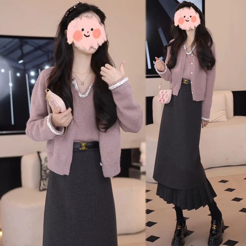 2025秋季新款时尚气质高级洋气假两件针织衫温柔百搭半身裙两件套