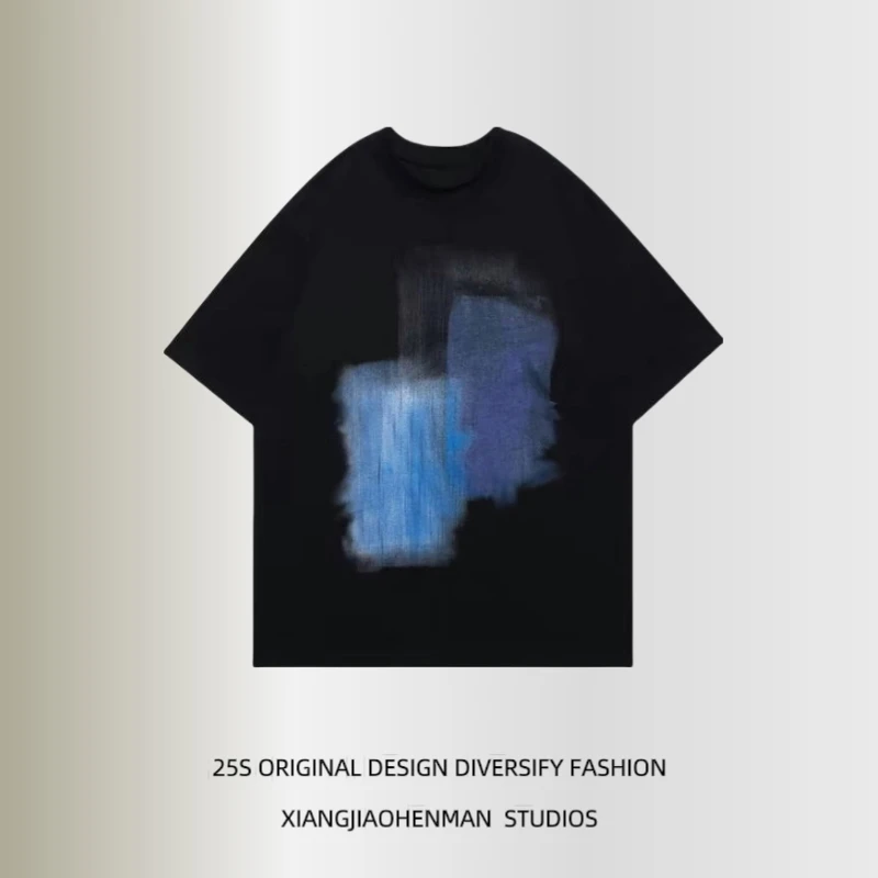 美式街头小众设计涂鸦印花短袖T恤男女夏季宽松情侣慵懒风上衣