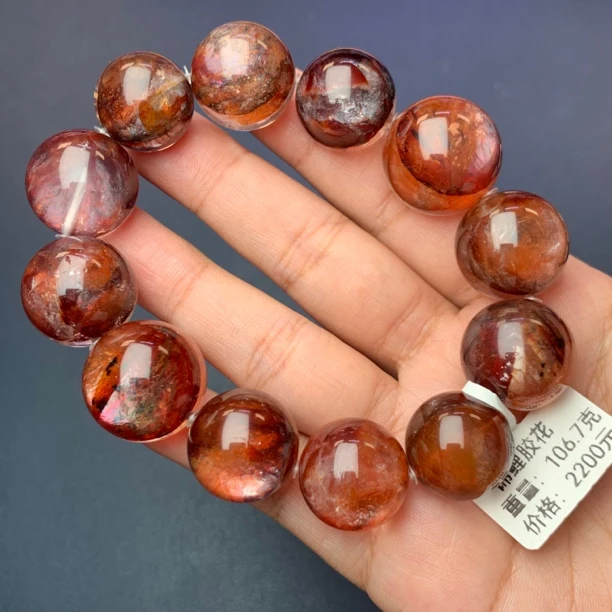收藏级牛血红胶花水晶手链泡泡珠颗颗带光感意境很强精致本命年