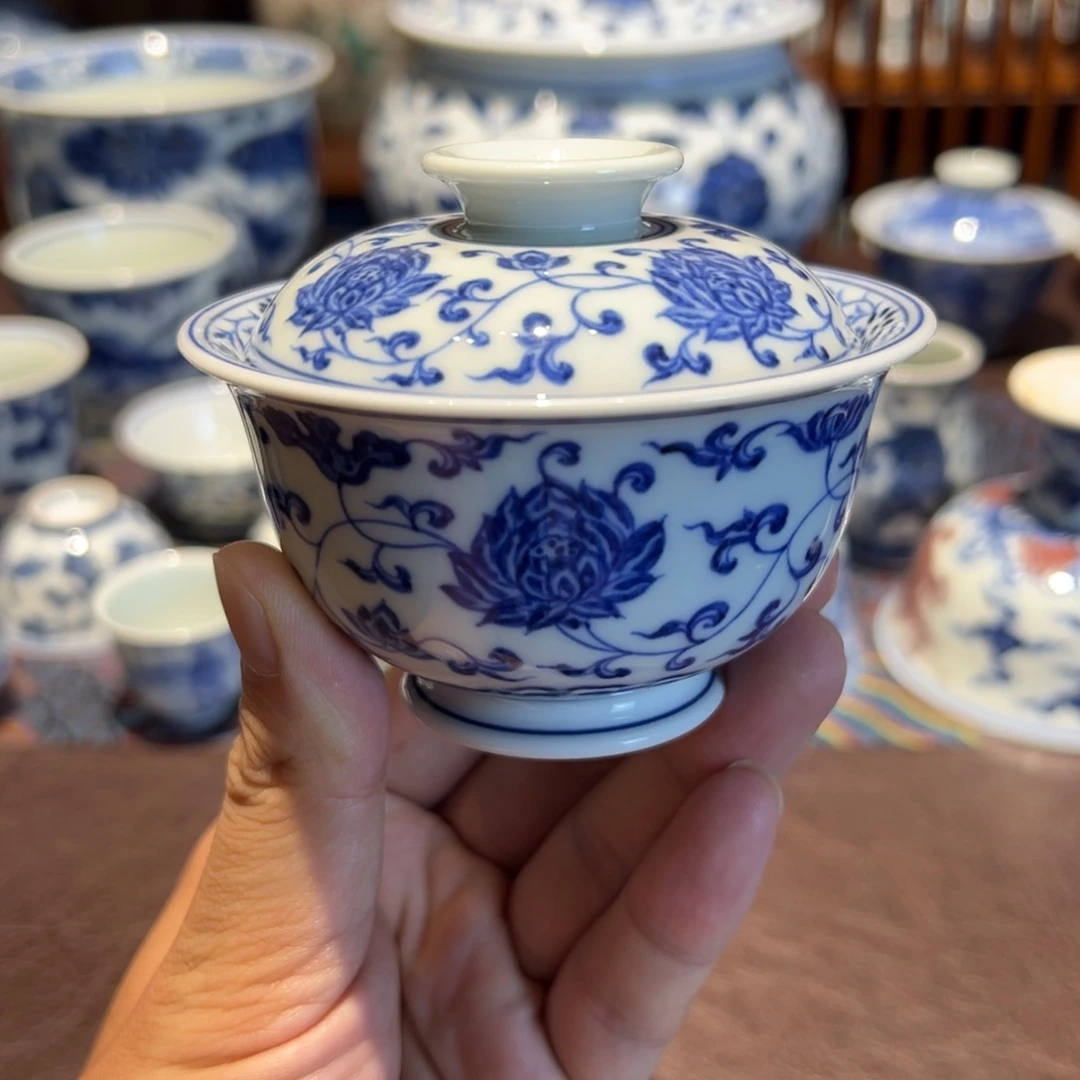 精品青花海水缠枝莲二才盖碗约120毫升