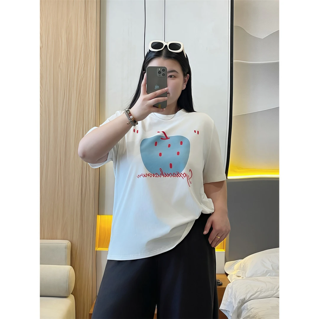 大码女装夏季潮流花契200斤胖mm韩版俏皮感卡通印花短袖T恤15408