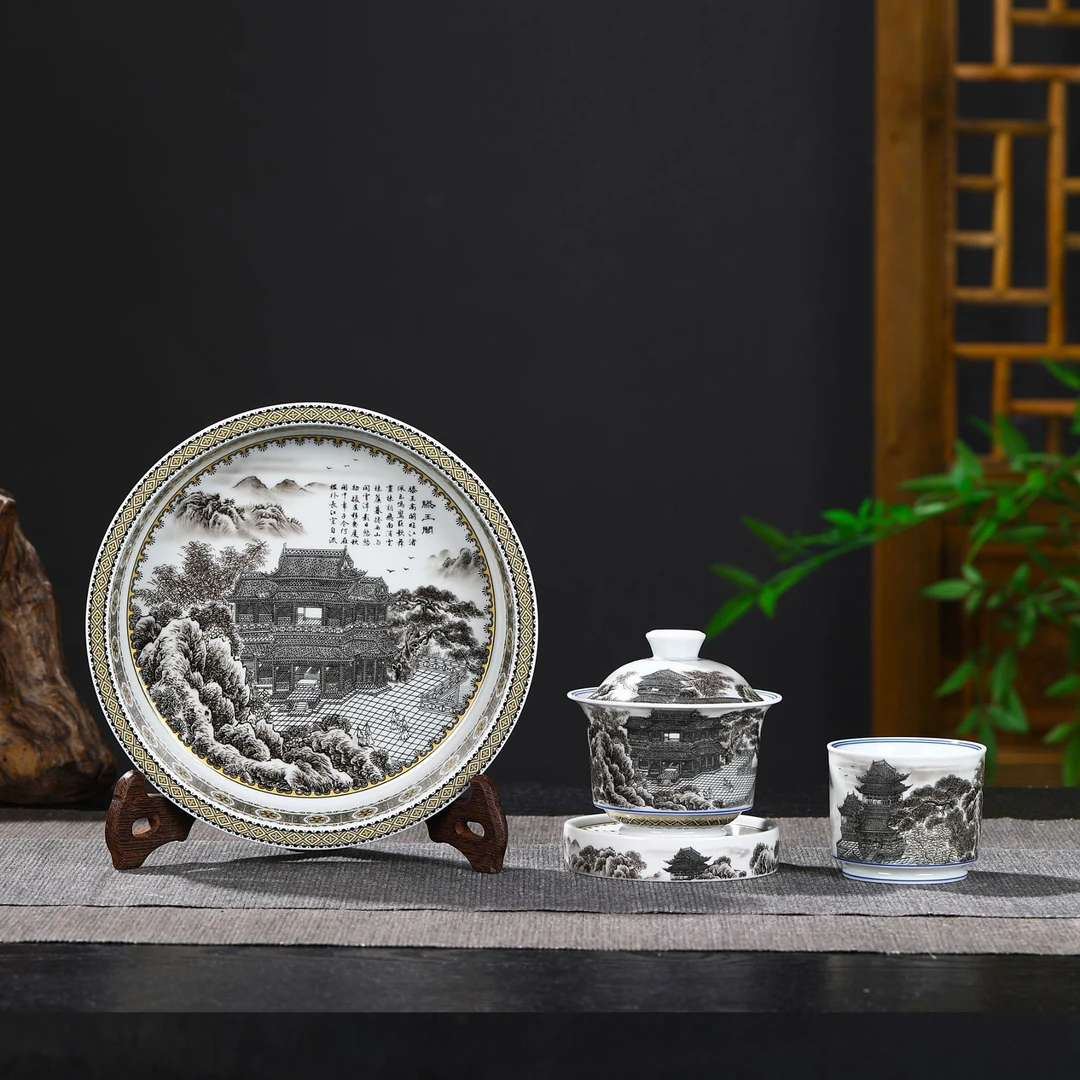 景德镇陶瓷  墨彩滕王阁重工描金盖碗壶承主人杯盖置套组高温茶具