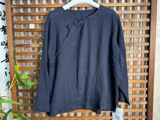 亚麻纯色手工缝线盘扣上衣