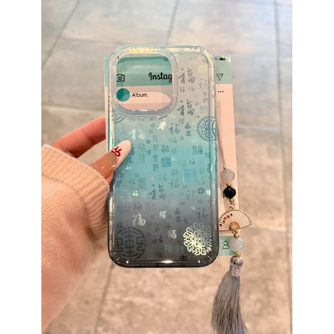 黑蓝渐变百福图适用苹果16promax手机壳iPhone15/14/13新款12软11