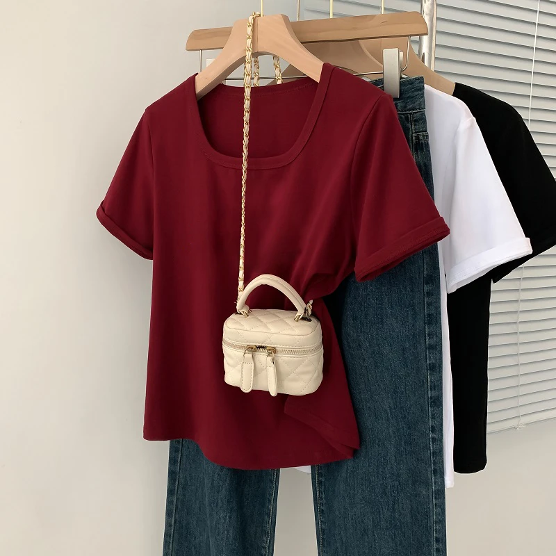 短袖不起球常规款U型领T恤时尚百搭胖妹妹纯色打底衫上衣
