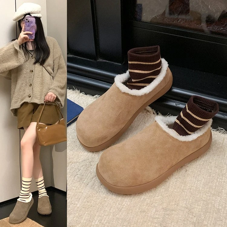 冬季保暖时尚雪地靴秋冬外穿加厚网红勃肯半拖雪地靴短筒棉鞋