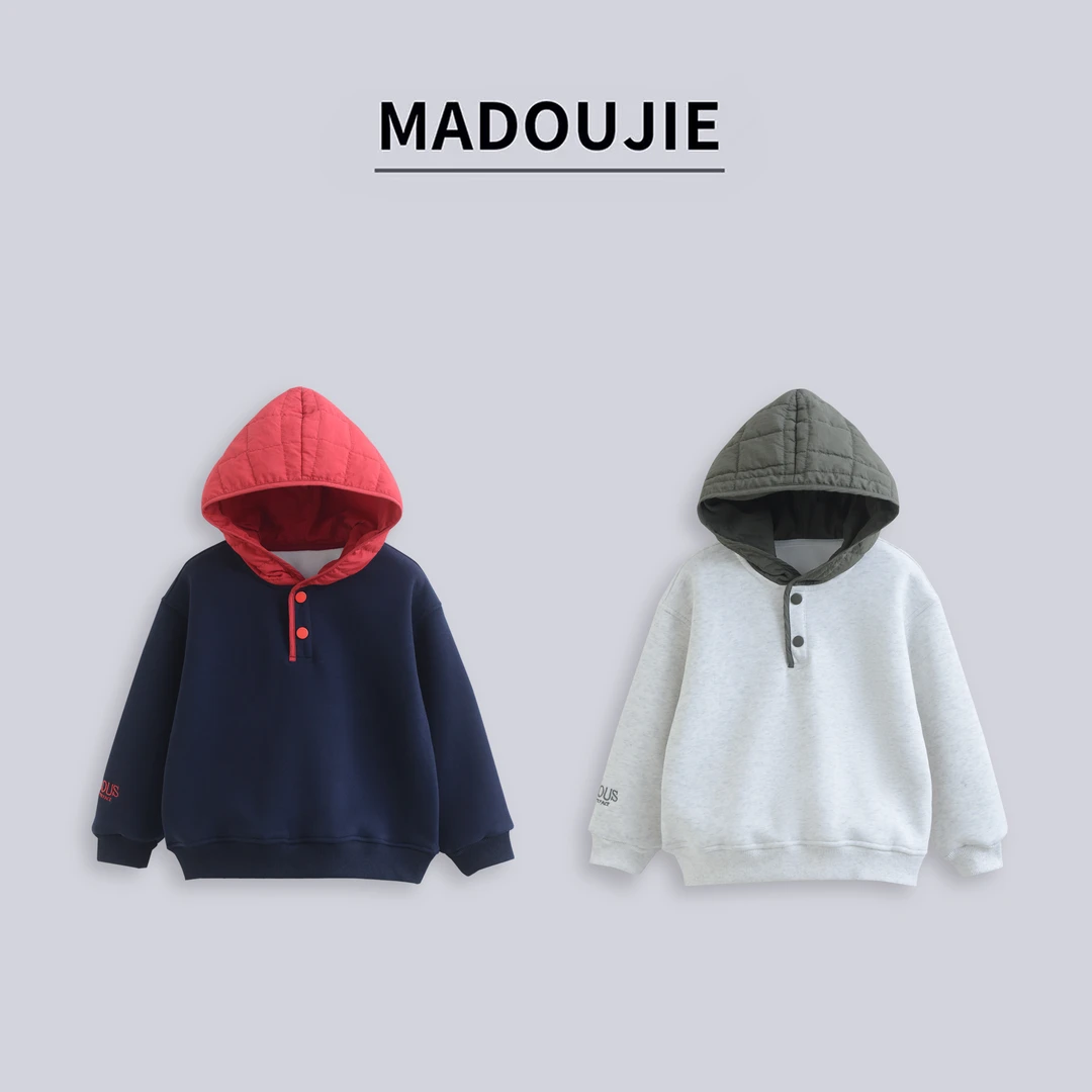 麻豆街【连帽卫衣】25冬季加绒童装新款儿童休闲拼接卫衣MD523