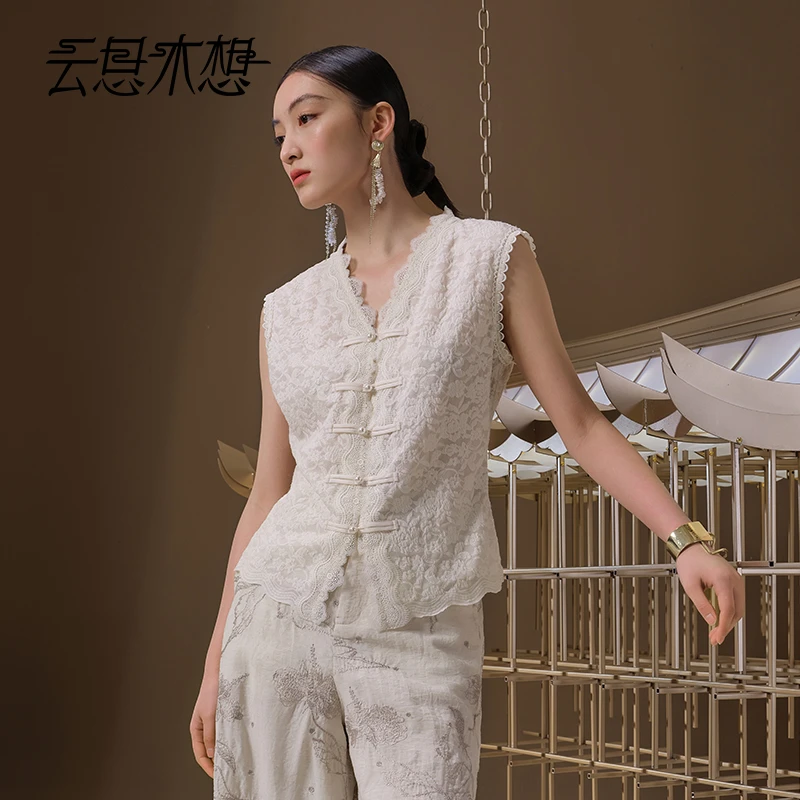 Ysimo-X云思木想 落花成诗 一字盘扣微收腰V领蕾丝马甲背心12693