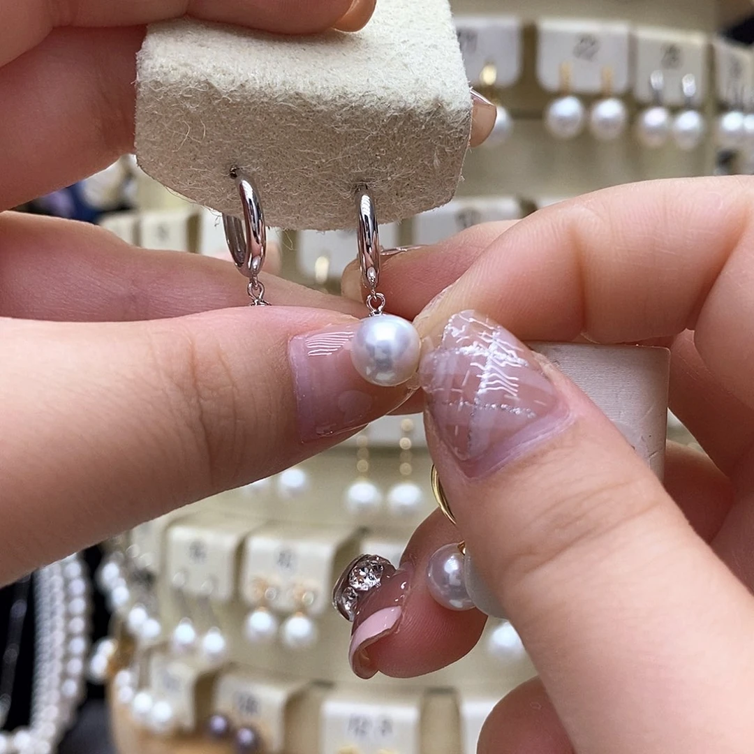 银S925镶嵌淡水珍珠耳饰7到8