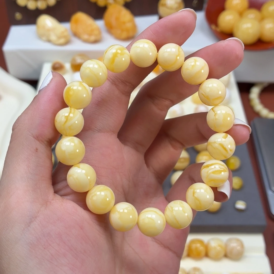 琥珀未镶嵌珠宝奇石焦皮同料白花蜡手串11