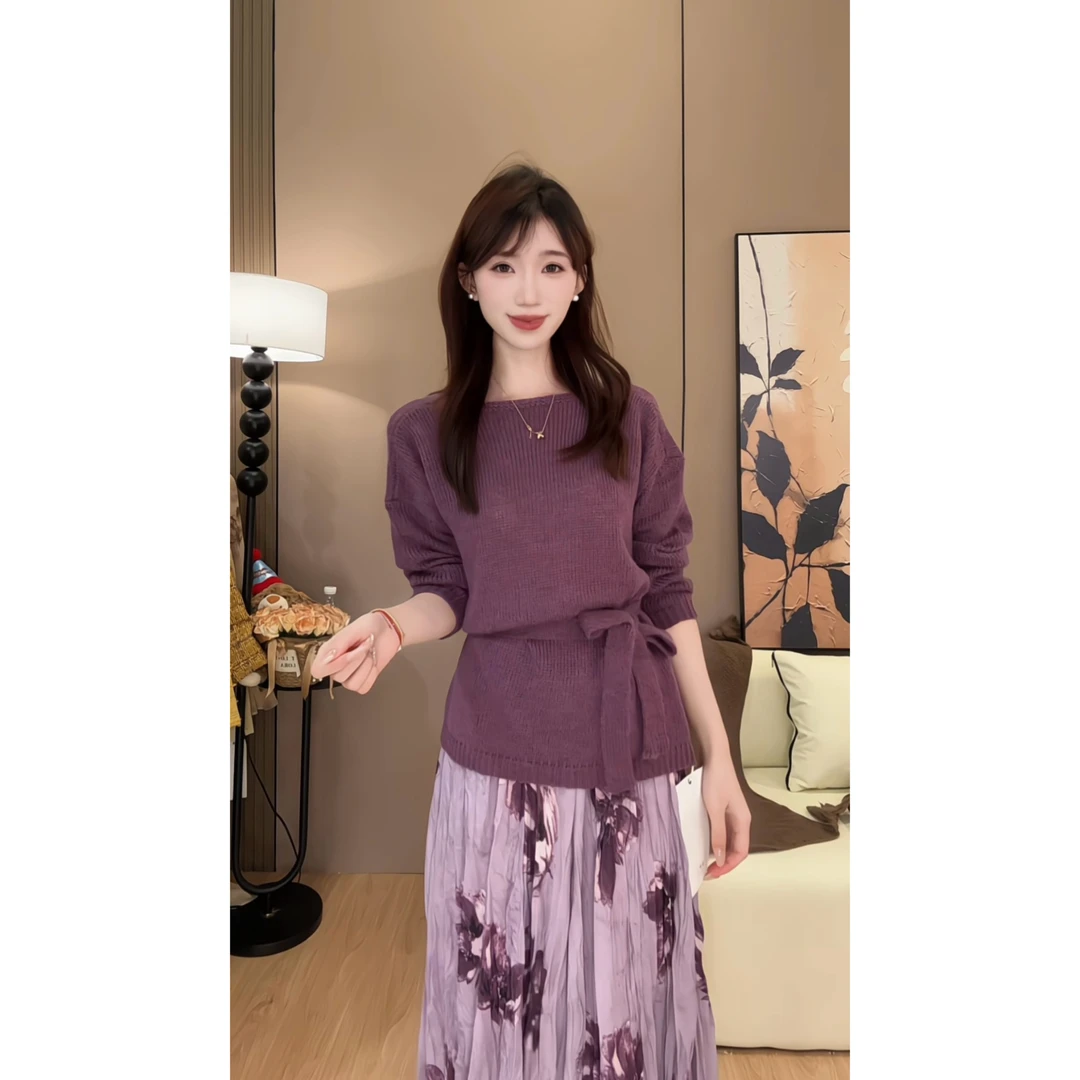 【酥酥专属】INS风时尚套装套装紫色连衣裙长袖纯欲风针织轻熟风
