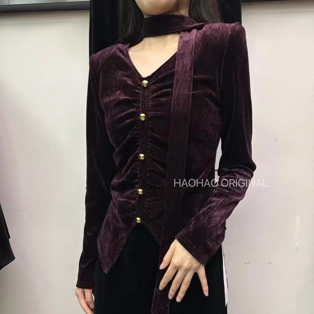 高级感复古v领纽扣配飘带长袖丝绒打底衫衬衣女百搭时髦上衣秋冬