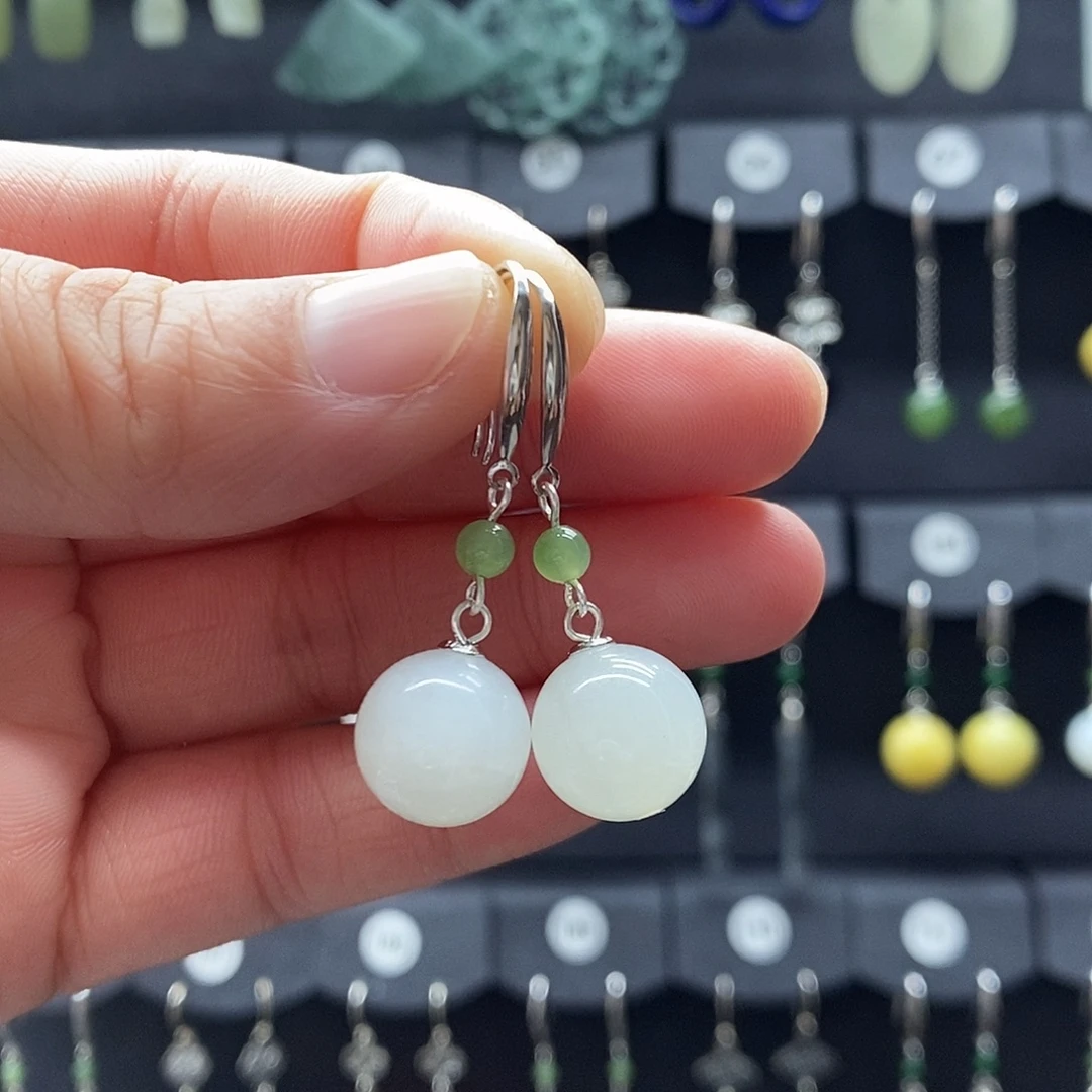 和田玉银S925镶嵌耳饰