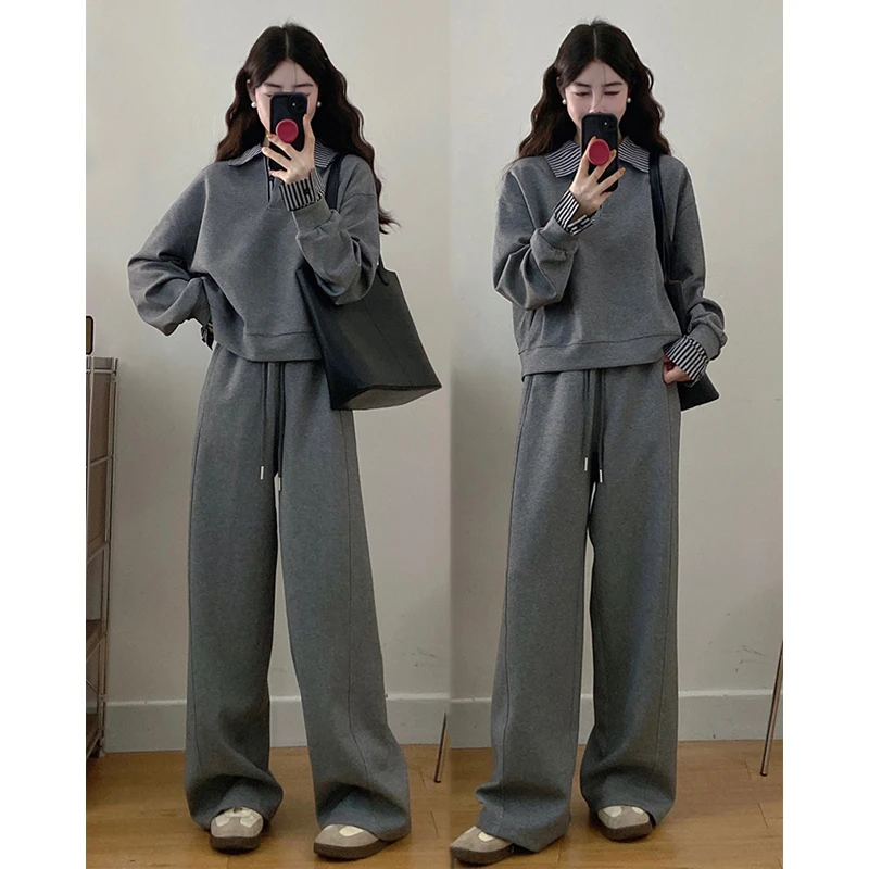 大码胖mm韩系chic灰色休闲运动套装时尚卫衣阔腿裤长裤两件套装女