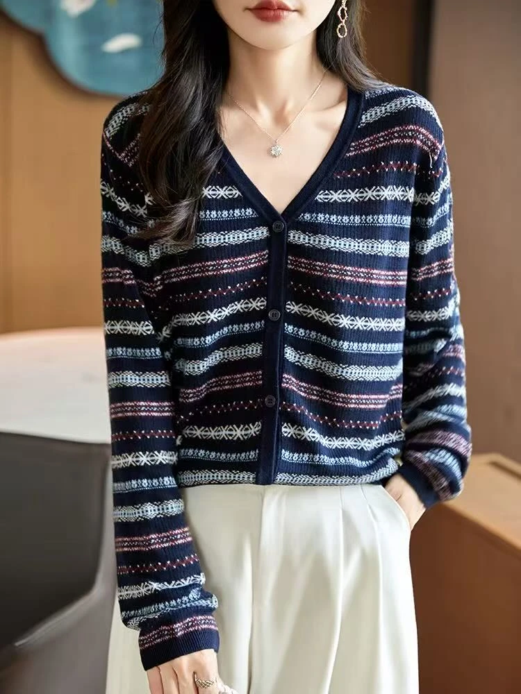 秋季2025新款外套开衫圆领针织宽松拼色条纹长袖上衣针织衫N067