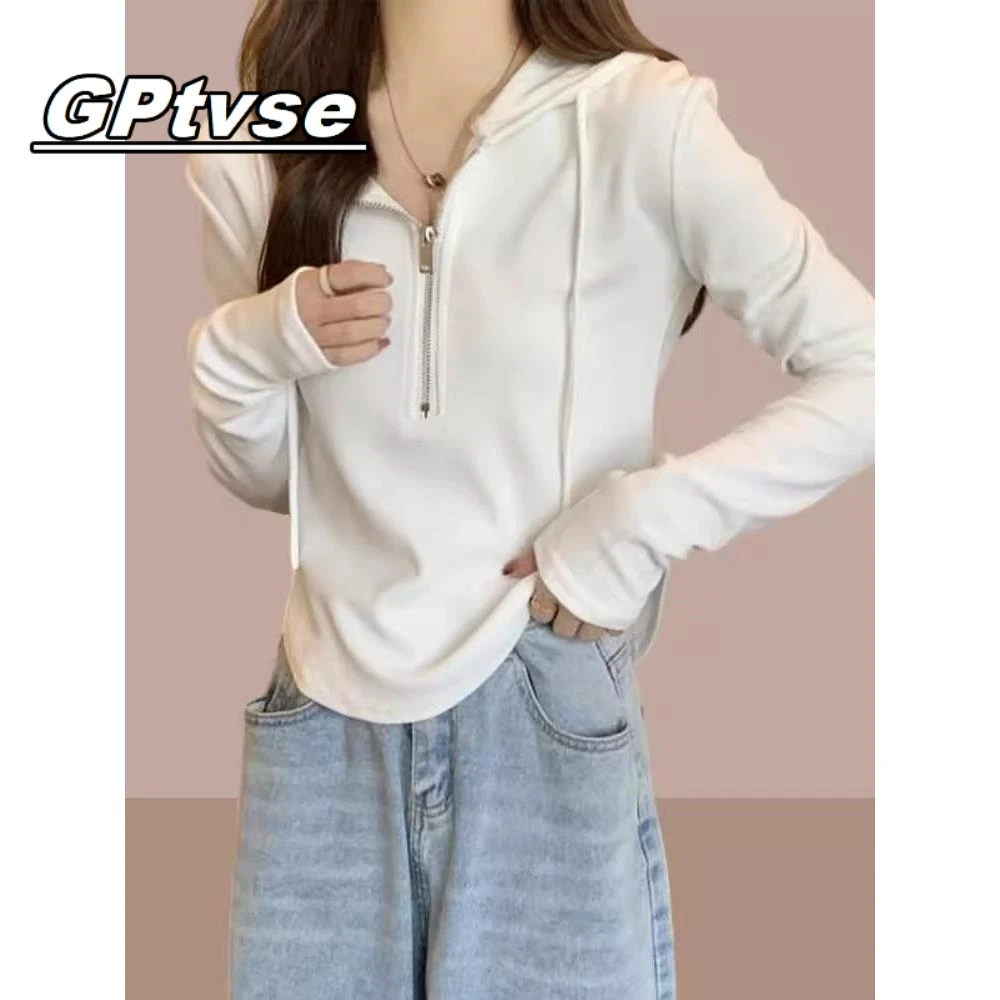 GPTVSE女士长袖t恤连帽半拉链爆款上衣2025春秋季新款小个子卫衣