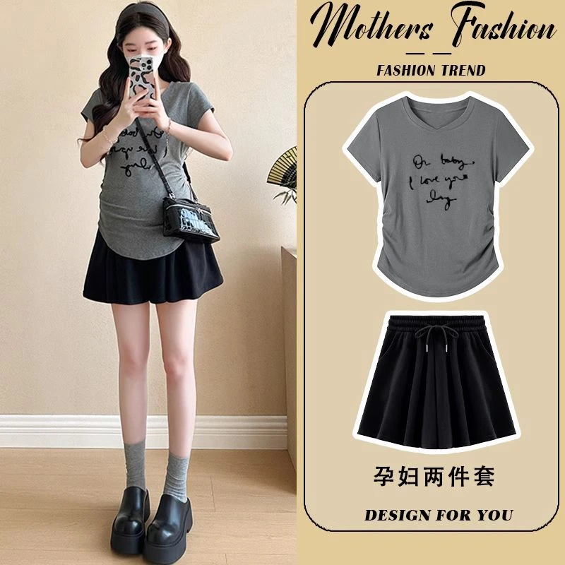 时髦孕妇套装夏季2025新款韩版灰色加休闲短袖显瘦上衣短裤两件套