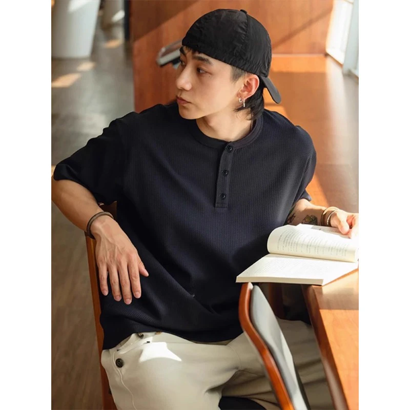 华夫格亨利领t恤男款cleanfit美式潮牌短袖大码宽松半袖2025新款