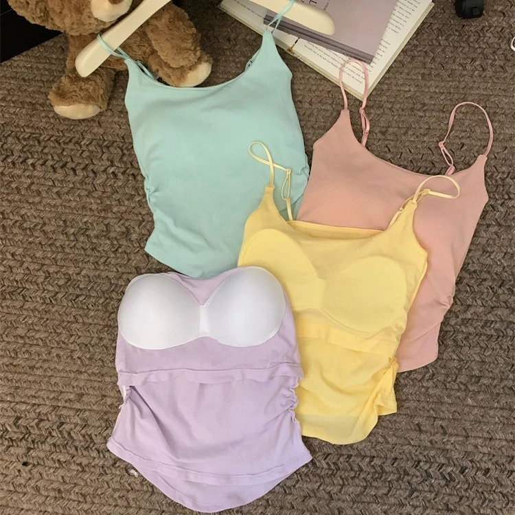 夏日多巴胺穿搭色带胸垫吊带背心女内搭外穿美背固定杯少女上衣Y