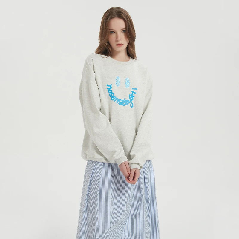 格纹笑脸印花圆领卫衣