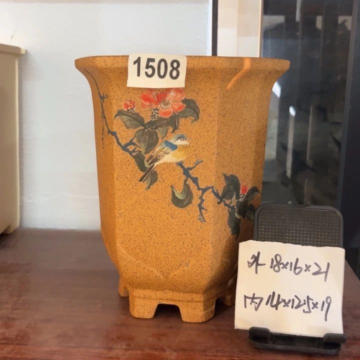 花盆紫砂  柴烧彩绘莲花六方1508