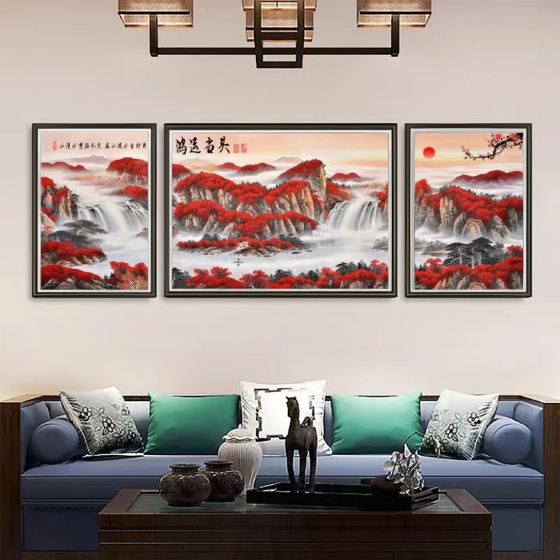 [喜宅家艺]Q40鸿运当头山水时尚钢化玻璃装裱沙发背景三联装饰画