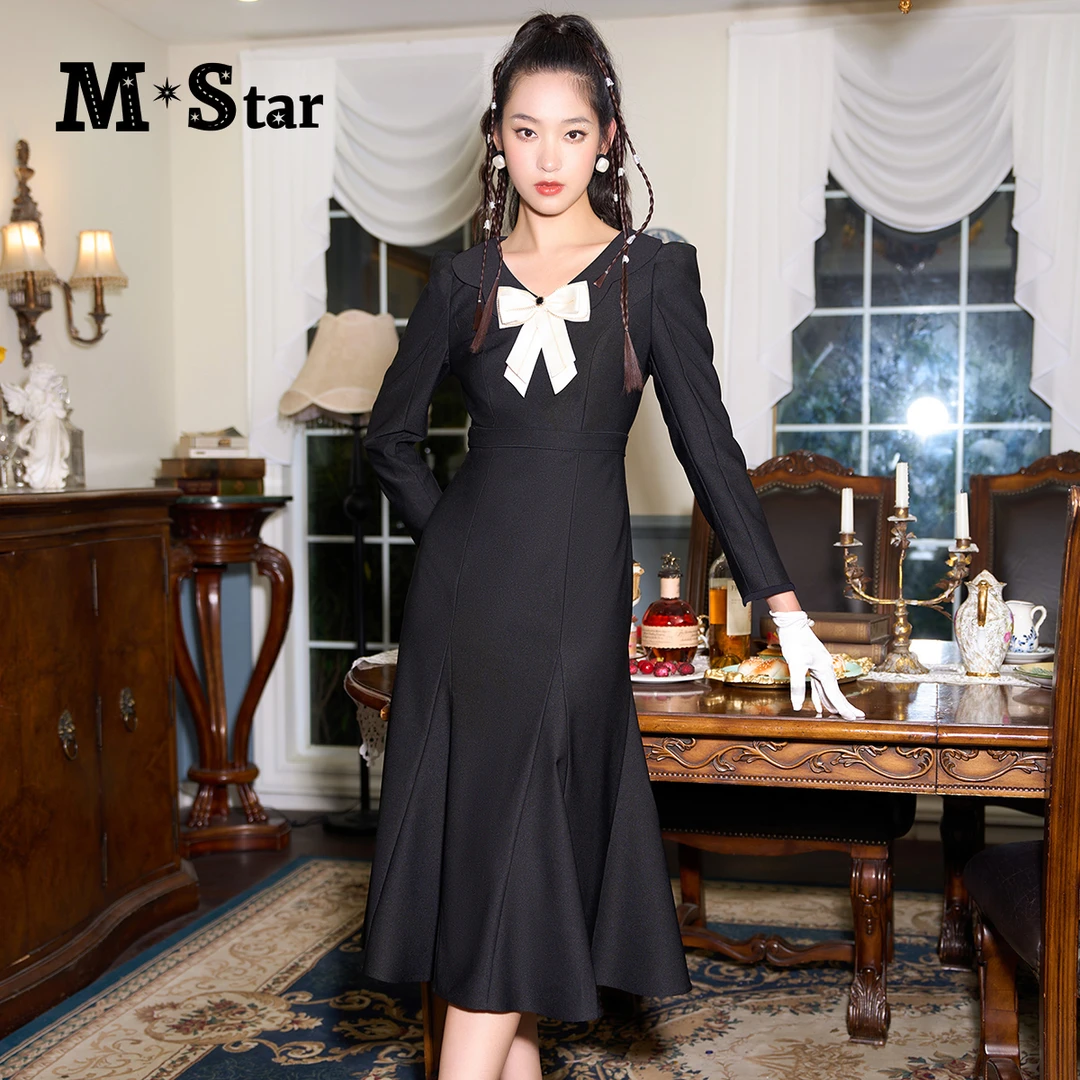 【高高甄选】复古v领蝴蝶结长袖鱼尾连衣裙SEEL111508