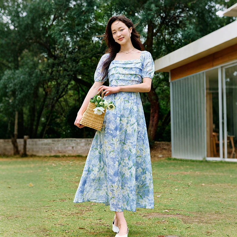 【茵曼服装】茵曼度假风海边印花泡泡袖收腰长裙子18528144