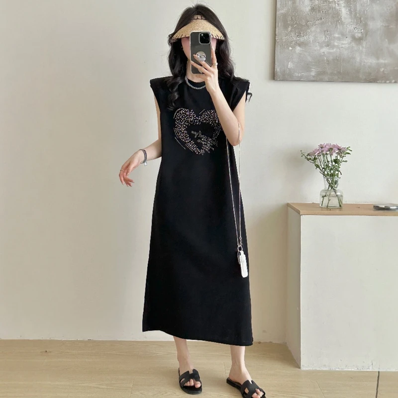 DUCURNO背心连衣裙女2025夏季新款韩版宽松显瘦减龄烫钻中t恤裙子