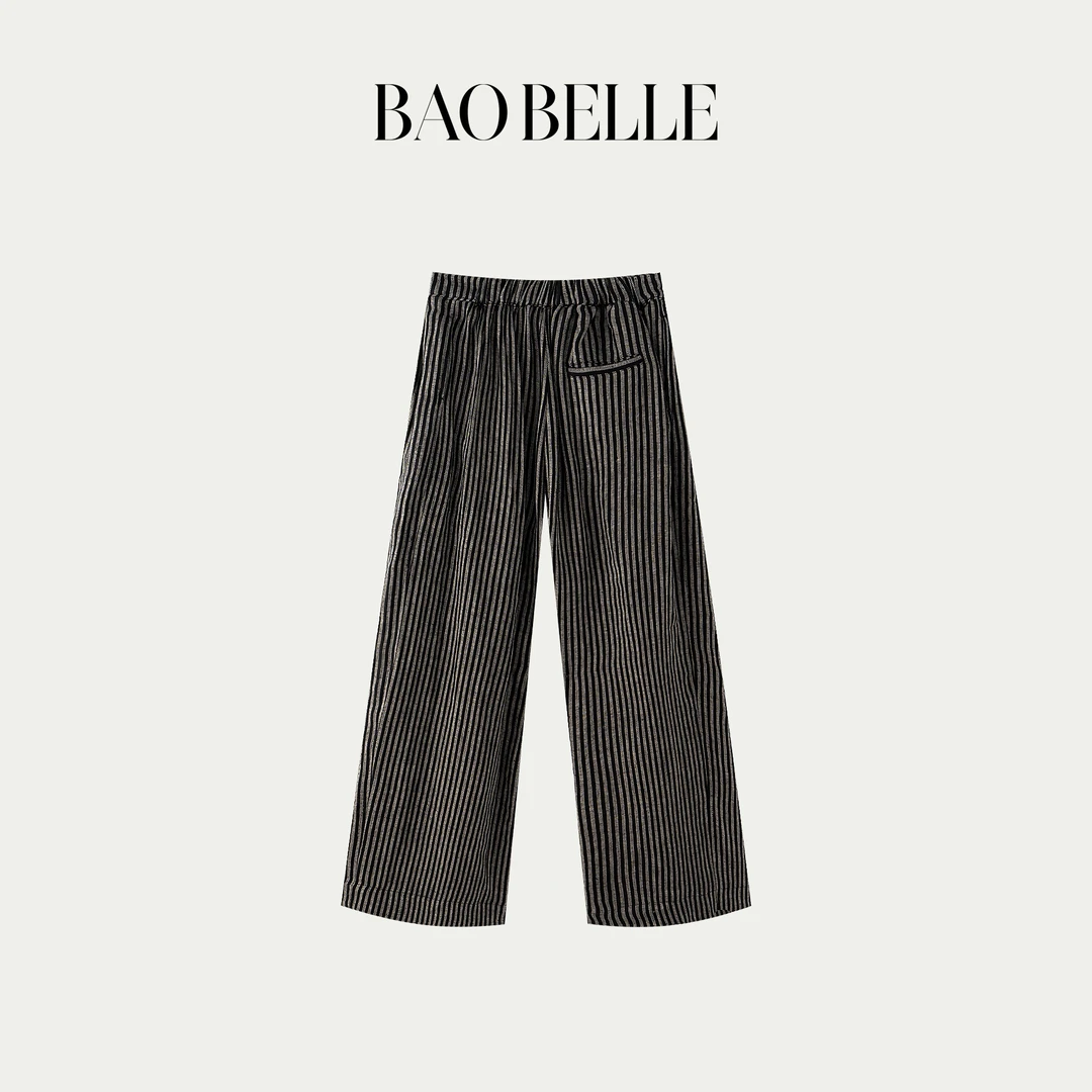 【宝姐】夏季慵懒感竖条纹休闲亚麻长裤慵懒阔腿裤JT252-SX-5222
