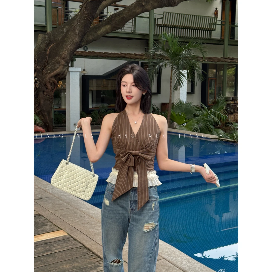 【可可梦露】法式V领蝴蝶结挂脖条纹上衣背心