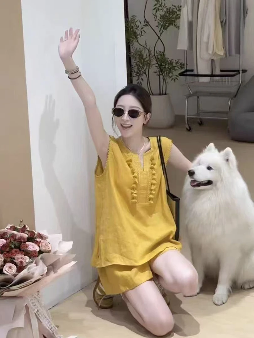 2025夏季宽松两件套韩系立体流苏v领无袖背心衬衫高腰休闲短裤