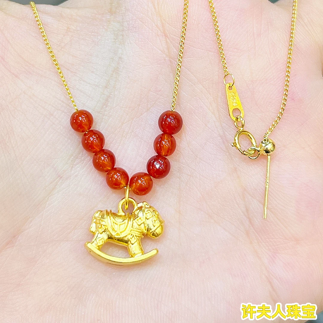 足金999镶嵌轻奢小众风马上有钱玛瑙套链配s925银链