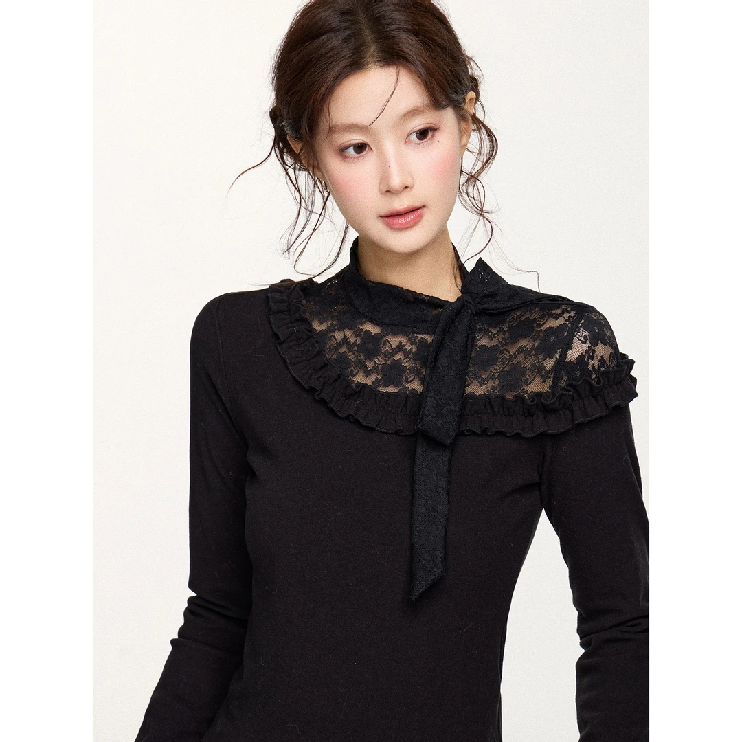 谢不肉 拼接蝴蝶结露肩绑带T恤女冬季韩版休闲修身上衣51152