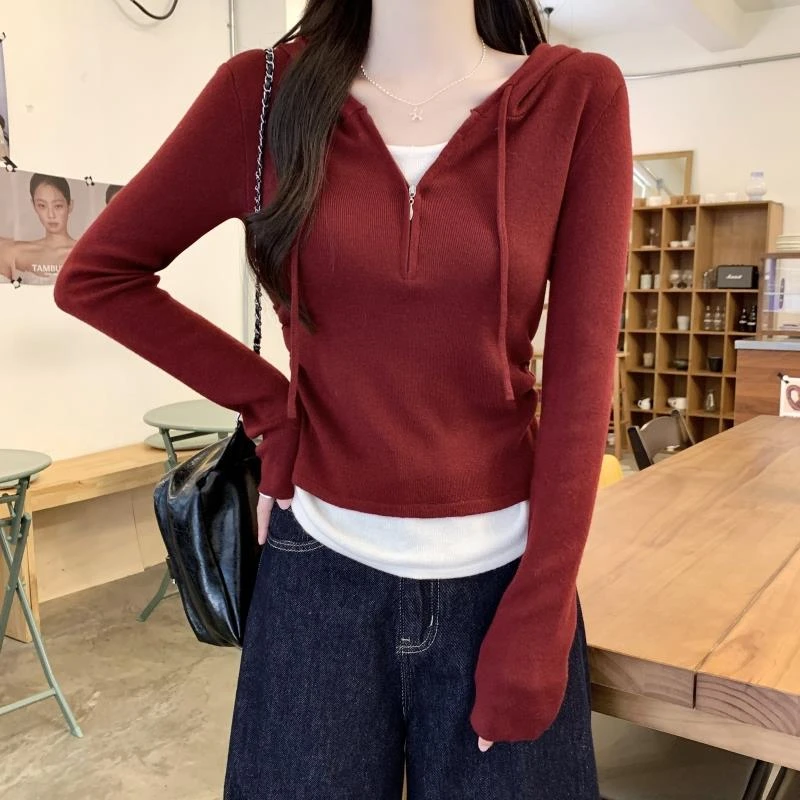 安可拉红假两件连帽针织衫女秋季新款设计感收腰显瘦长袖打底上衣