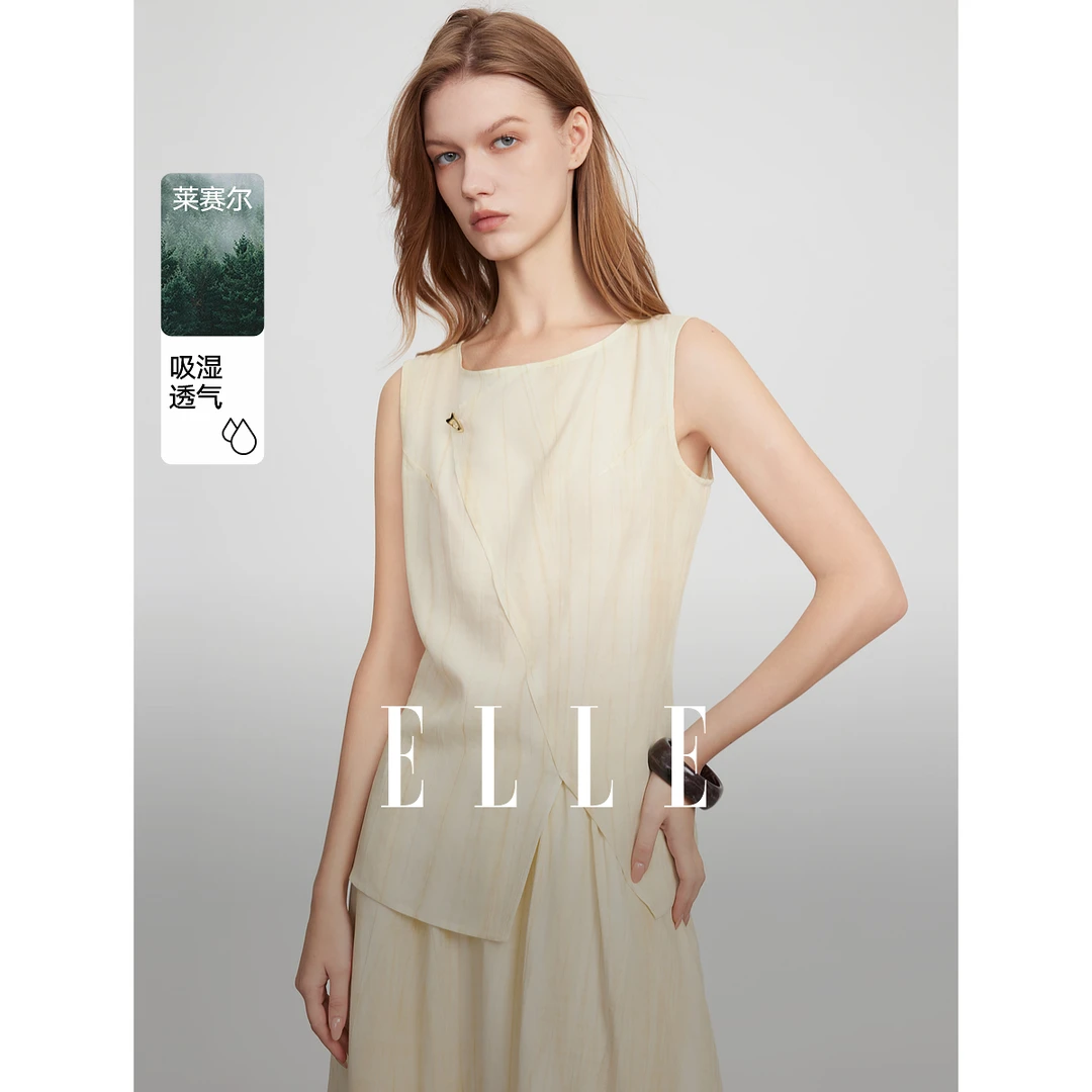 ELLE法式拼接亚麻无袖衬衫女2025夏日穿搭设计感天丝上衣EM52131