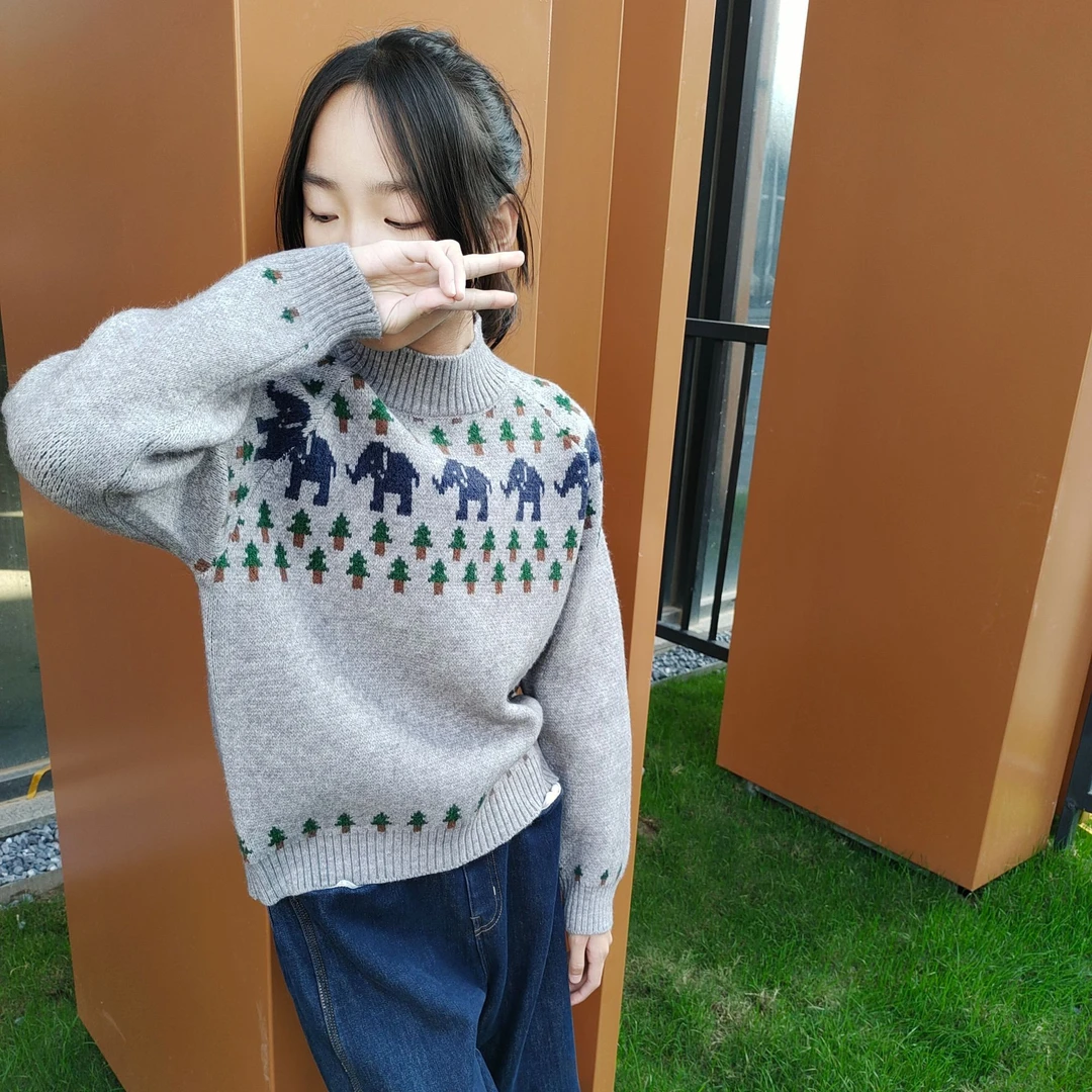 YIYANG女童童装提花圆领套头毛衣插件袖可爱小象灰色秋冬毛衣1267