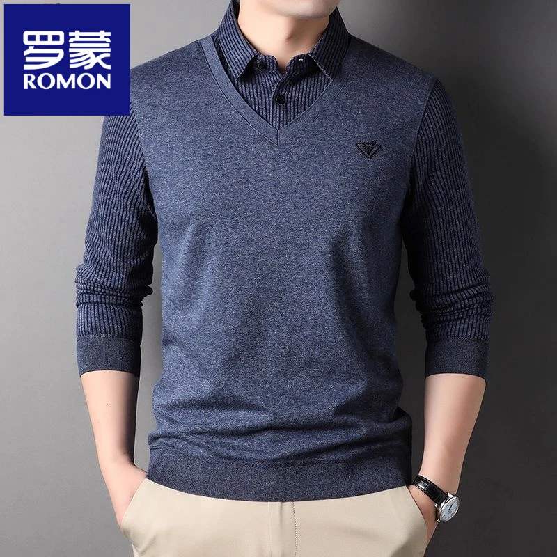 罗蒙休闲男士针织衫秋冬季新款假两件商务休闲衬衫领加绒加厚毛衣
