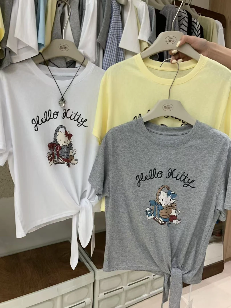 温柔瑶-Misshappy#韩系设计感显瘦做旧Kitty印花短袖#3362