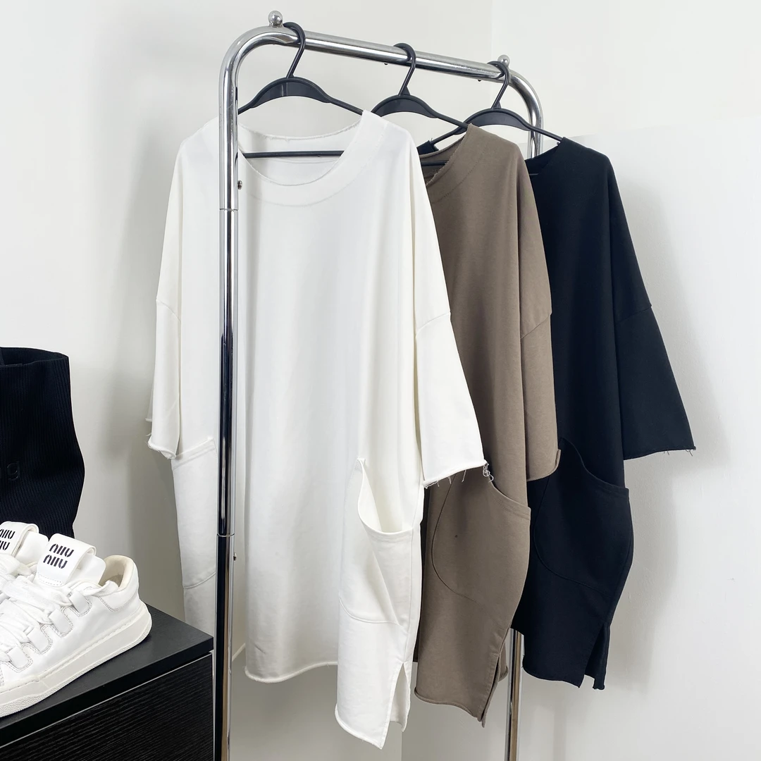 【口袋短袖，小韩日记】T恤春款口袋宽松开叉纯色圆领韩版2501