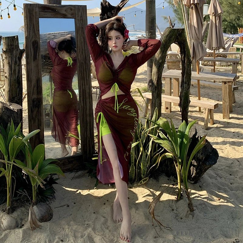 四件套大码泳衣长袖长袖纯欲分体平角性感温泉度假胖mm150斤可穿