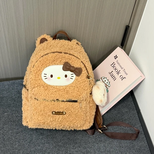 学院风卡通卷毛小猫法式慵懒风小众羊羔毛大双肩包